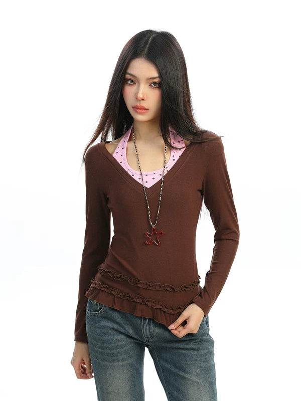 Polka Dot Halter Layered Ruffle Pullover 4