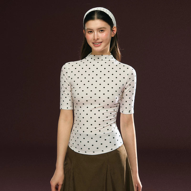 6200910047401,6200910047402,6200910047403,6200910047404, Polka Dot Mock Neck Half Sleeve Top
