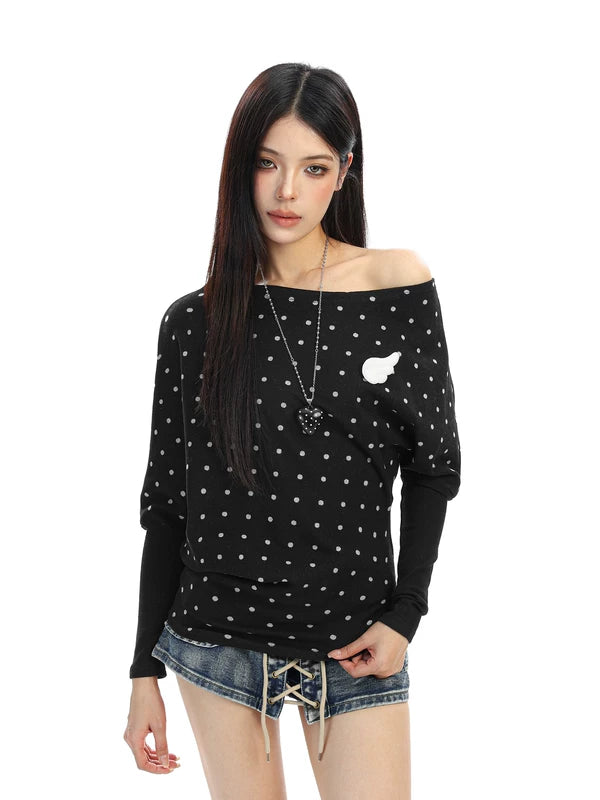 6024640584587,6024640584588,6024640584589, Polka Dot Off-Shoulder Long Sleeve Top