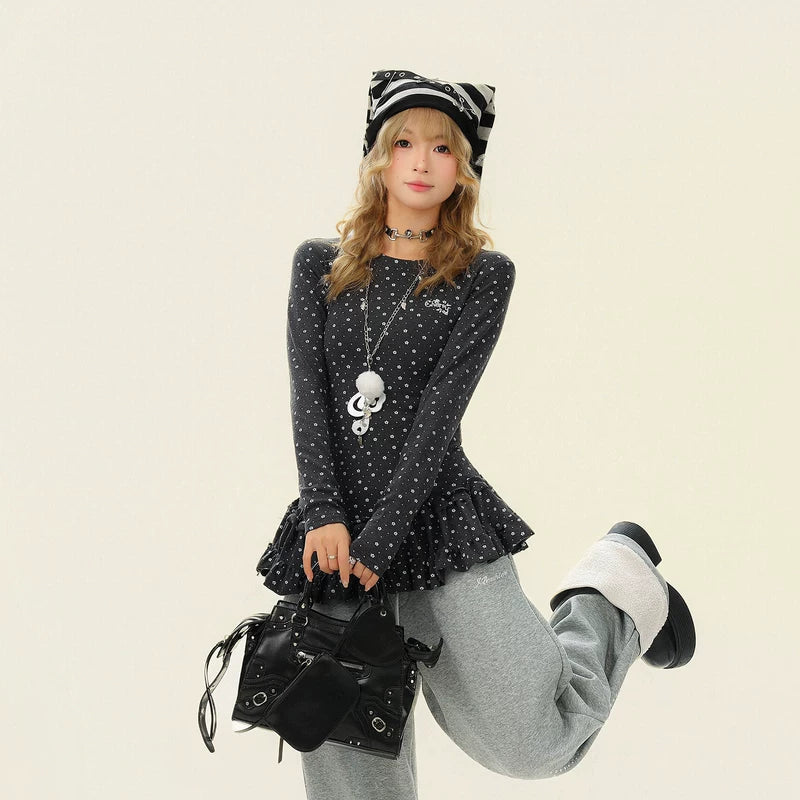 Polka Dot Peplum Long-Sleeve T-Shirt 2