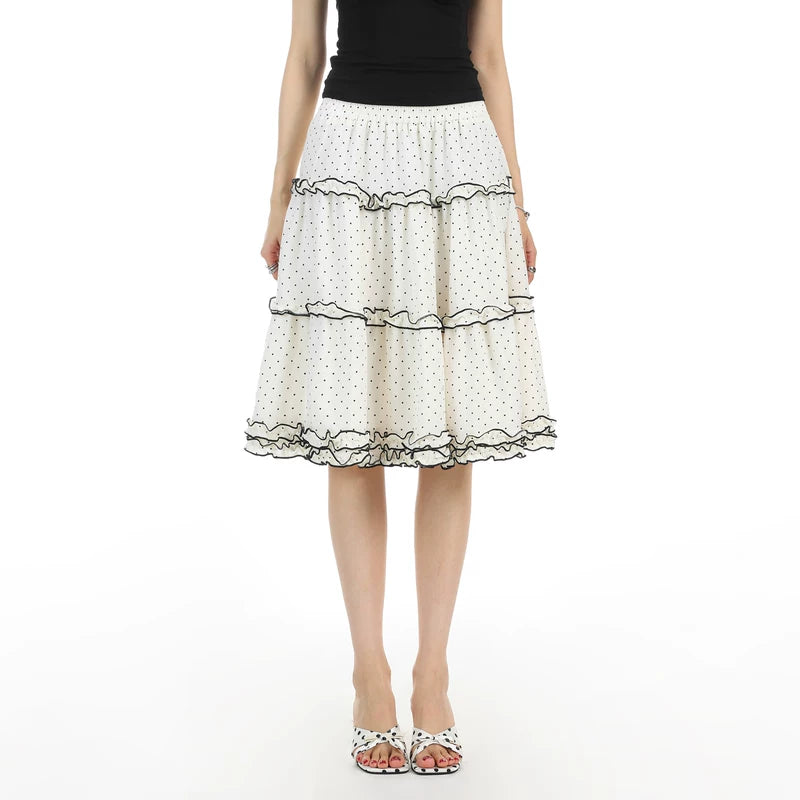 6040147324183,6040147324184, Polka Dot Ruffle A-Line Midi Skirt