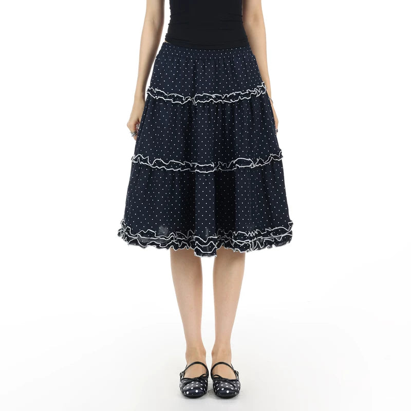 6040147324185,6040147324186, Polka Dot Ruffle A-Line Midi Skirt