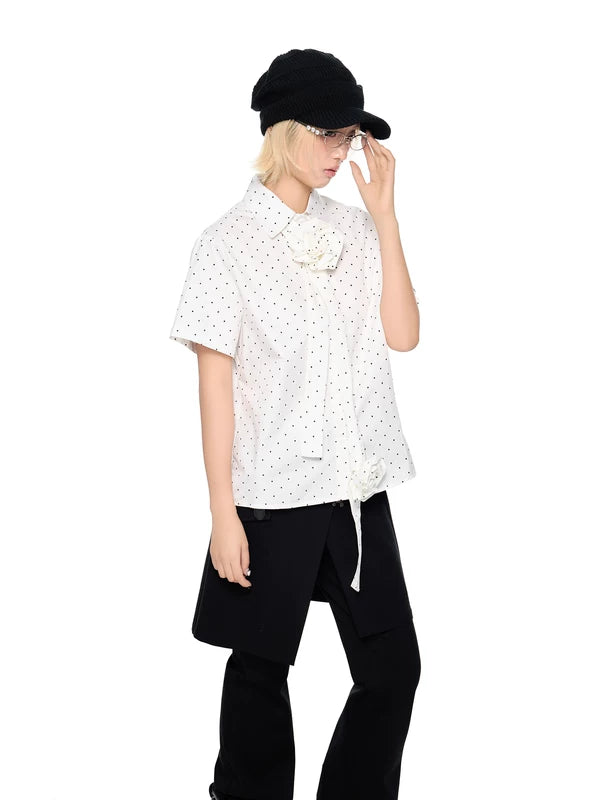 Polka Dot Short Sleeve Shirt with Ribbon 3