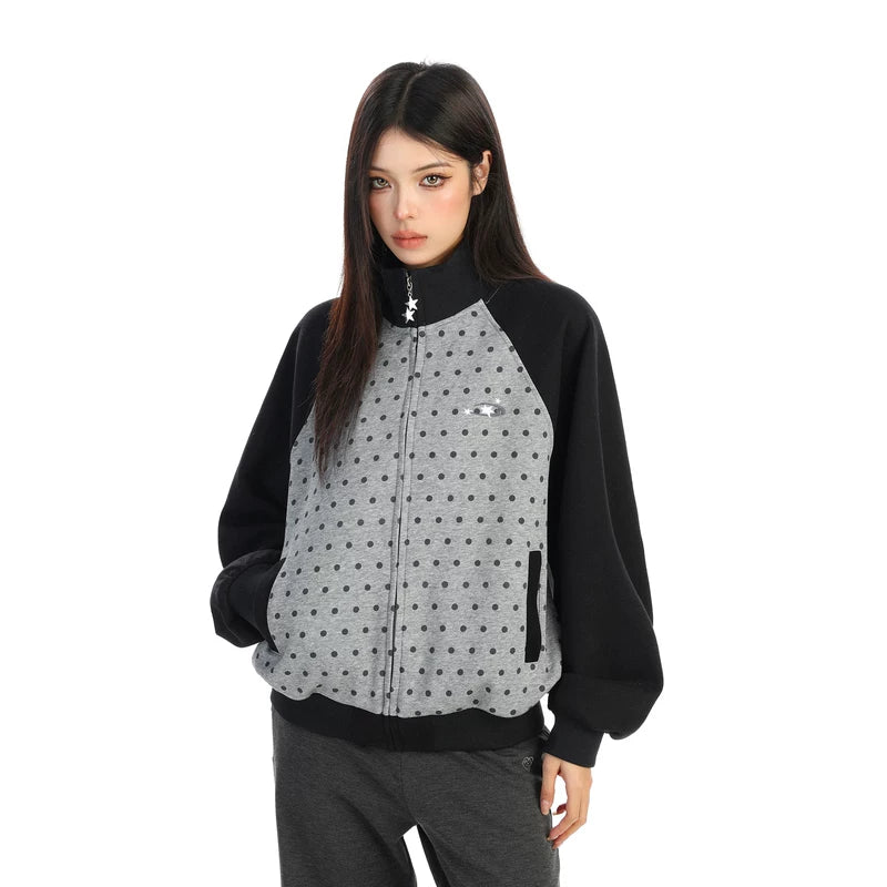 6195609035442,6195609035443,6195609035444, Polka Dot Zip-Up Stand Collar Jacket