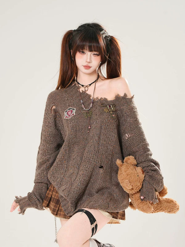 1627207:121250977,6084567027982,1627207:121250977,6084567027983,1627207:121250977,6084567027984,6084567027982,6084567027983,6084567027984, Preppy Distressed V-Neck Knit Sweater