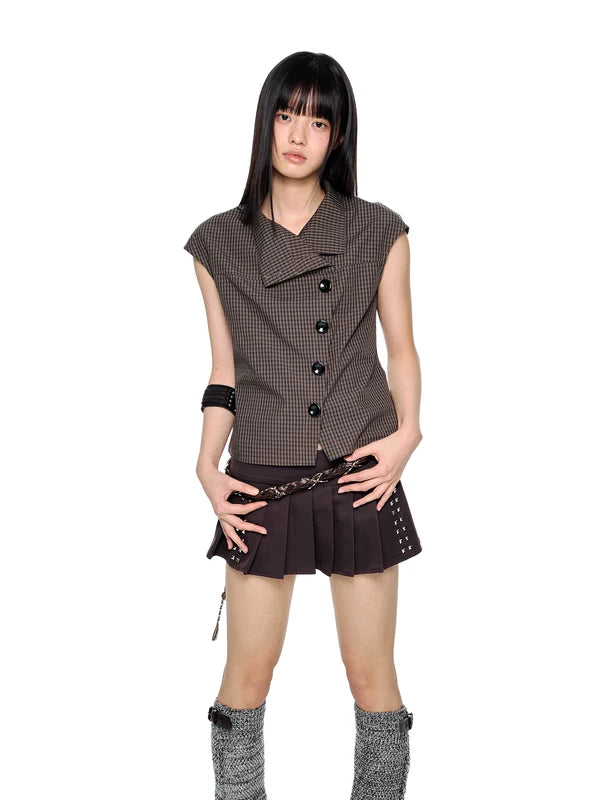 Preppy Plaid Asymmetrical Button Short-Sleeve Shirt 3