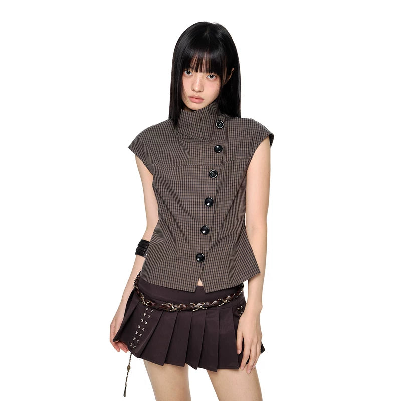 6189411634958,6189411634959,6189411634960, Preppy Plaid Asymmetrical Button Short-Sleeve Shirt