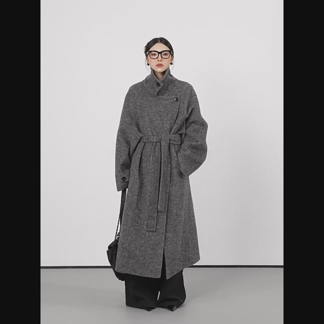 Belted Stand Collar Long Wool Coat