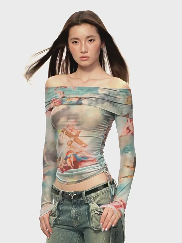 Angel Print One Shoulder Long Sleeve Pullover