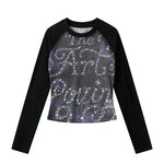 6195073246989,6195073246990,6195073246991, Printed Sheer Mesh Patchwork Long-Sleeve T-Shirt