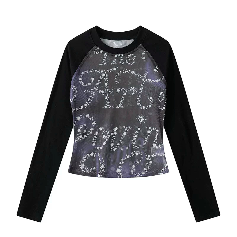 6195073246989,6195073246990,6195073246991, Printed Sheer Mesh Patchwork Long-Sleeve T-Shirt
