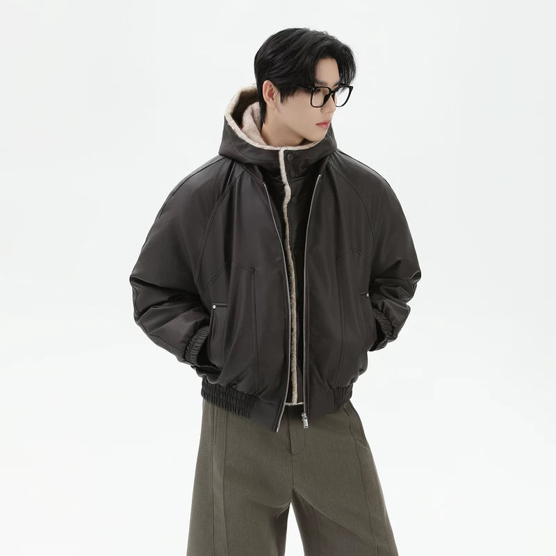 PU Leather Hooded Bomber Jacket 2