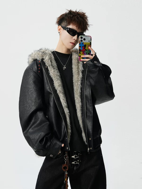 PU Leather Hooded Fur-Lined Insulated Jacket 5