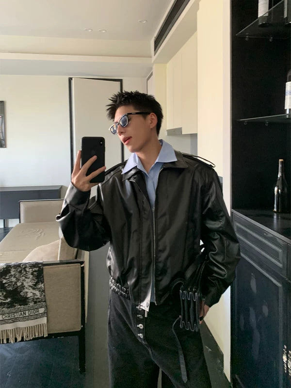 PU Leather Motorcycle Jacket with Lapel 2