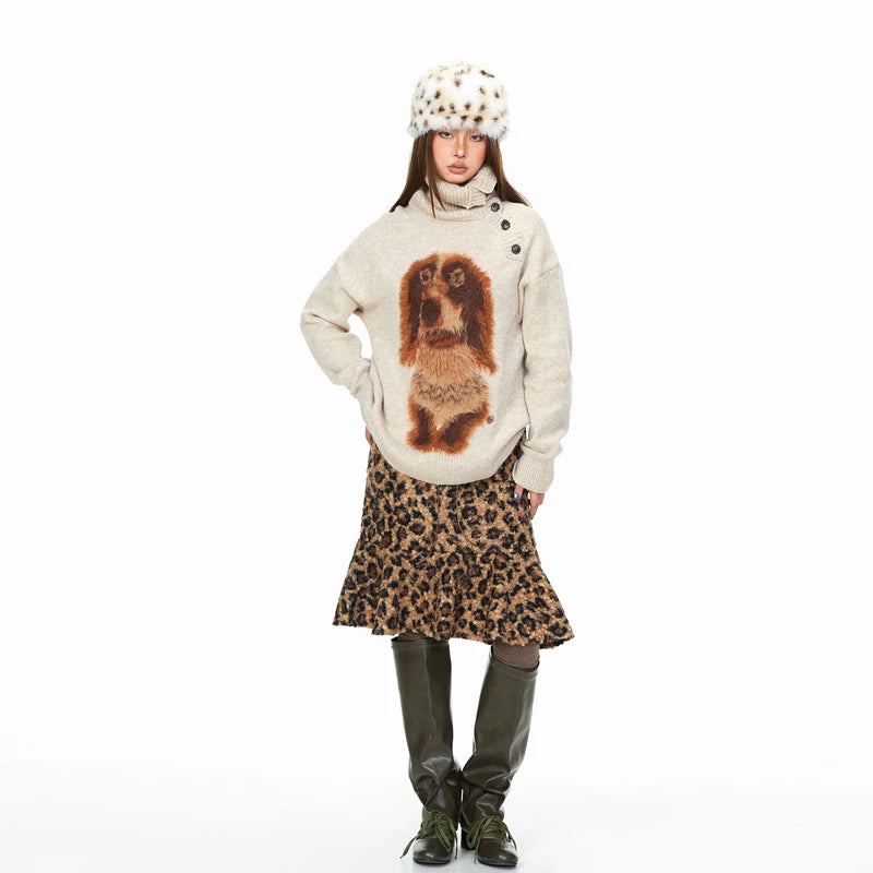 Puppy Jacquard Button High Neck Sweater 4