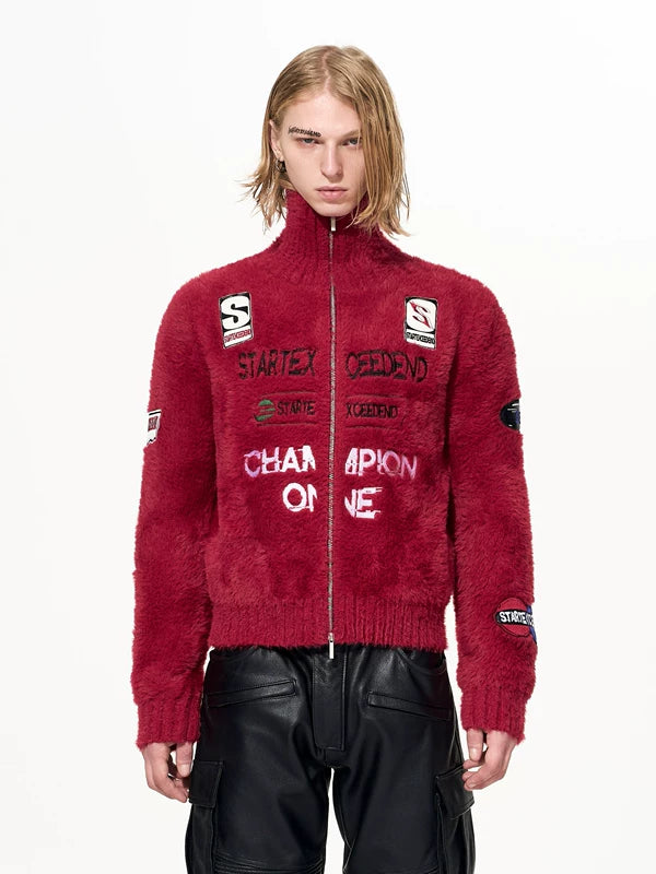 Racing Patch Fuzzy Zip Cardigan Sweater 2