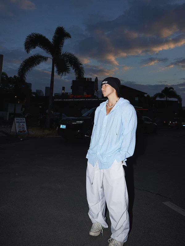 Relaxed Hooded Hollow-Out Long Sleeve Shirt 2