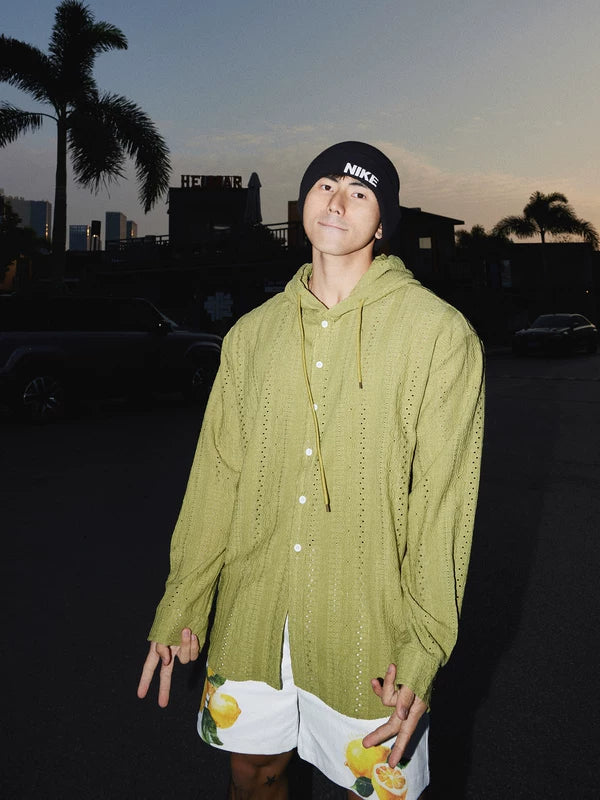 Relaxed Hooded Hollow-Out Long Sleeve Shirt 3