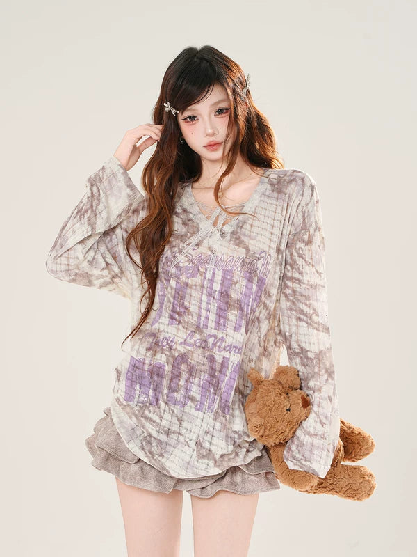 1627207:30155,6093234118352,1627207:30155,6093234118351,1627207:30155,6093234118350,1627207:30155,6093234118353,6093234118352,6093234118351,6093234118350,6093234118353, Relaxed Lace V-Neck Long Sleeve Top