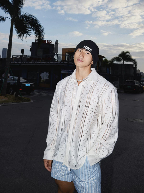 Resort Style Long Sleeve Hollow Out Shirt 1