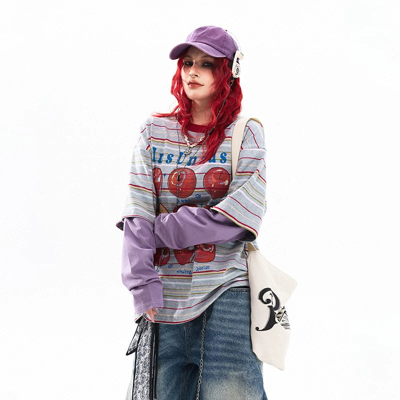 Retro Apple Print Striped Long Sleeve T-Shirt 2