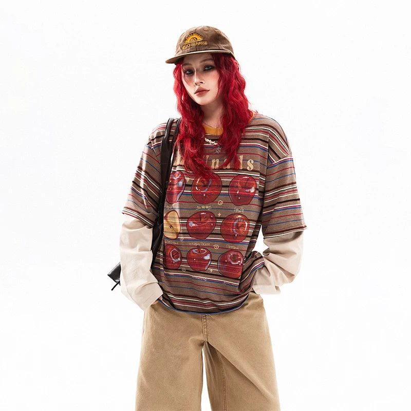 ,1627207:3883690,6177312335517,1627207:3883690,6177312335516,1627207:3883690,6177312335515,6177312335517,6177312335516,6177312335515, Retro Apple Print Striped Long Sleeve T-Shirt