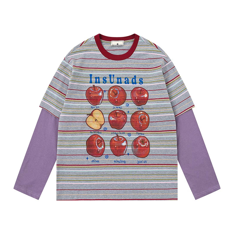 Retro Apple Print Striped Long Sleeve T-Shirt 5