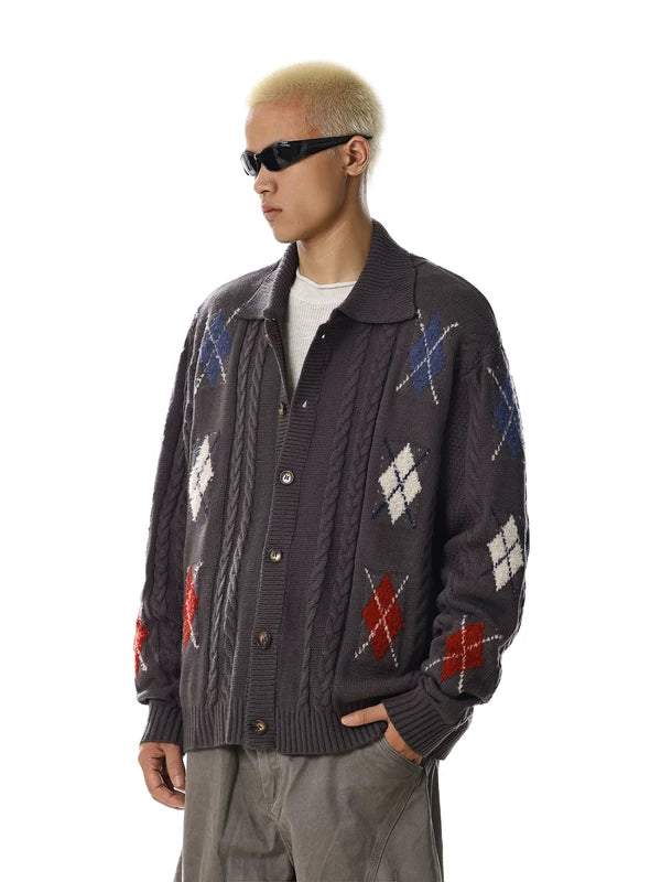 Retro Argyle Knit Button-Up Cardigan Sweater 2