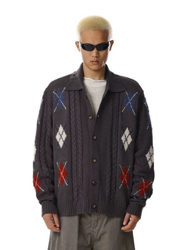 Retro Argyle Knit Button-Up Cardigan Sweater 3