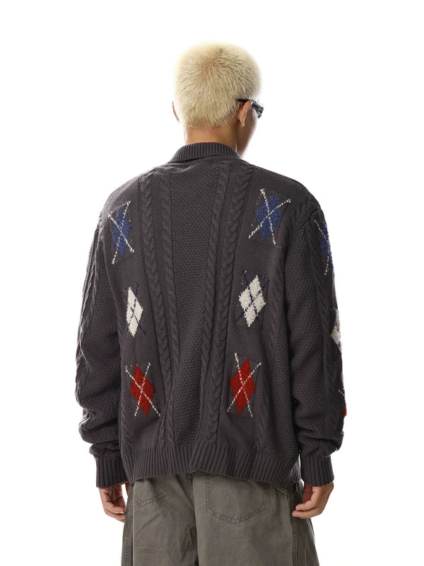 Retro Argyle Knit Button-Up Cardigan Sweater 5