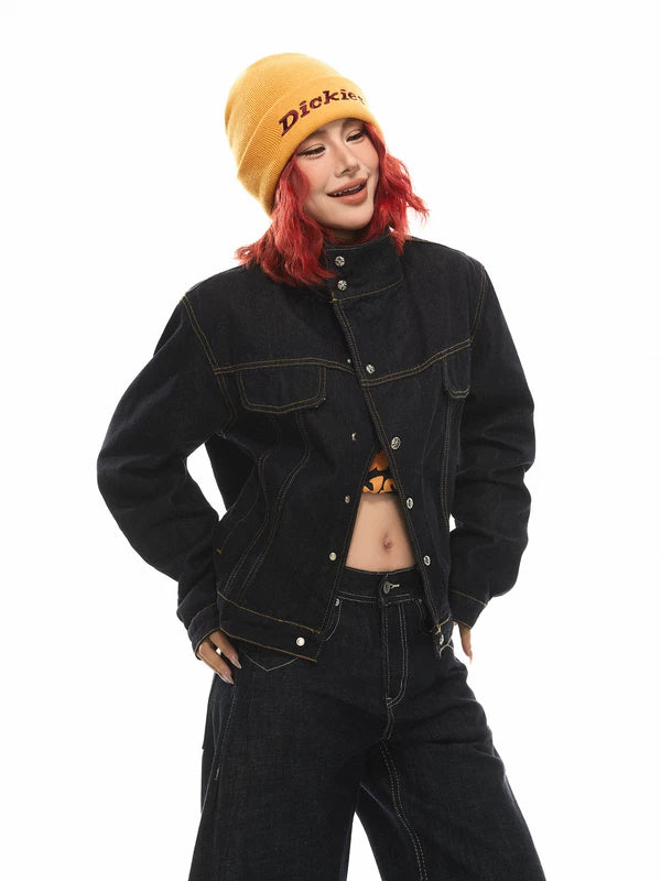 Retro Asymmetrical Collar Raw Denim Jacket 2