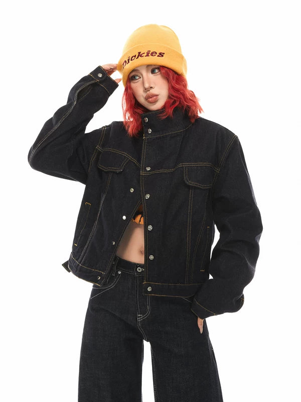 Retro Asymmetrical Collar Raw Denim Jacket 3