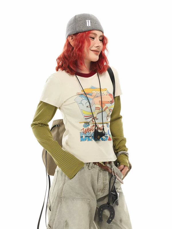 Retro Cartoon Graphic Faux Layered T-Shirt 2