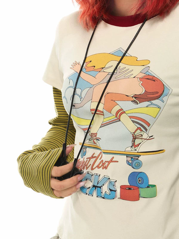 Retro Cartoon Graphic Faux Layered T-Shirt 3