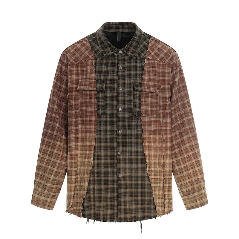 6025888660204,6025888660205,6025888660206,6025888660207, Retro Colorblock Plaid Loose Fit Shirt