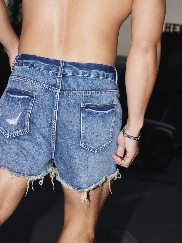 Retro Distressed Denim Shorts with Frayed Hem 5