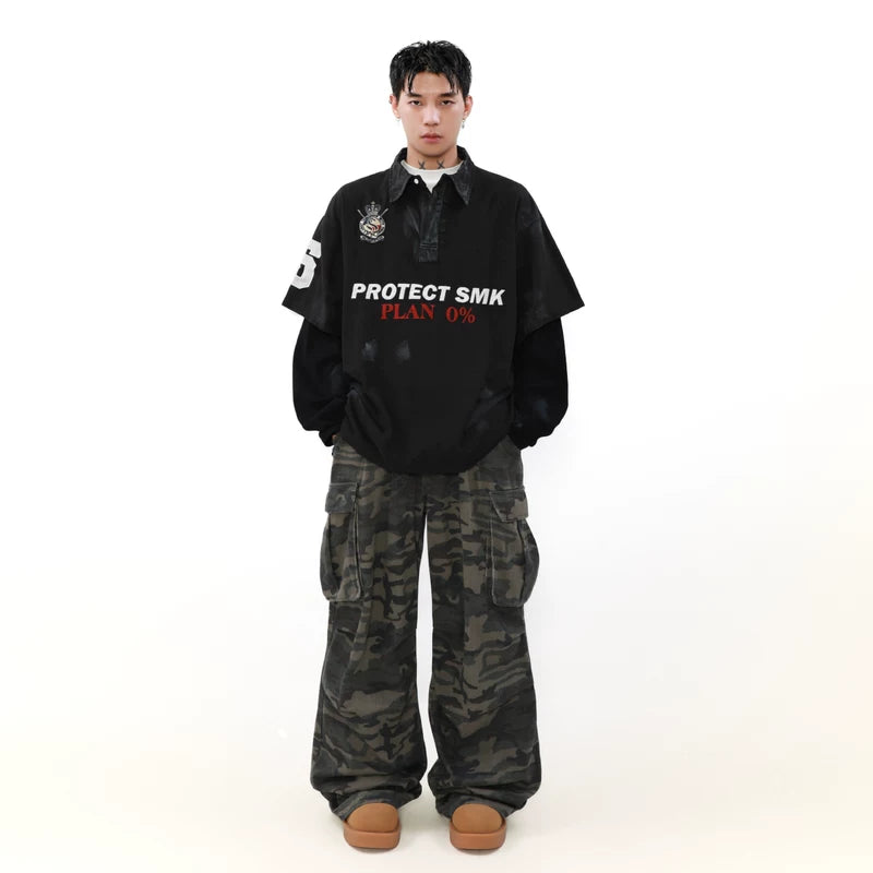 Retro Distressed Faux Layered Rugby Shirt 5