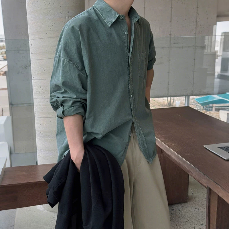 6043729781727,6043729781728,6043729781729,6043729781730,6043729781731, Retro Distressed Washed Long-Sleeve Casual Shirt