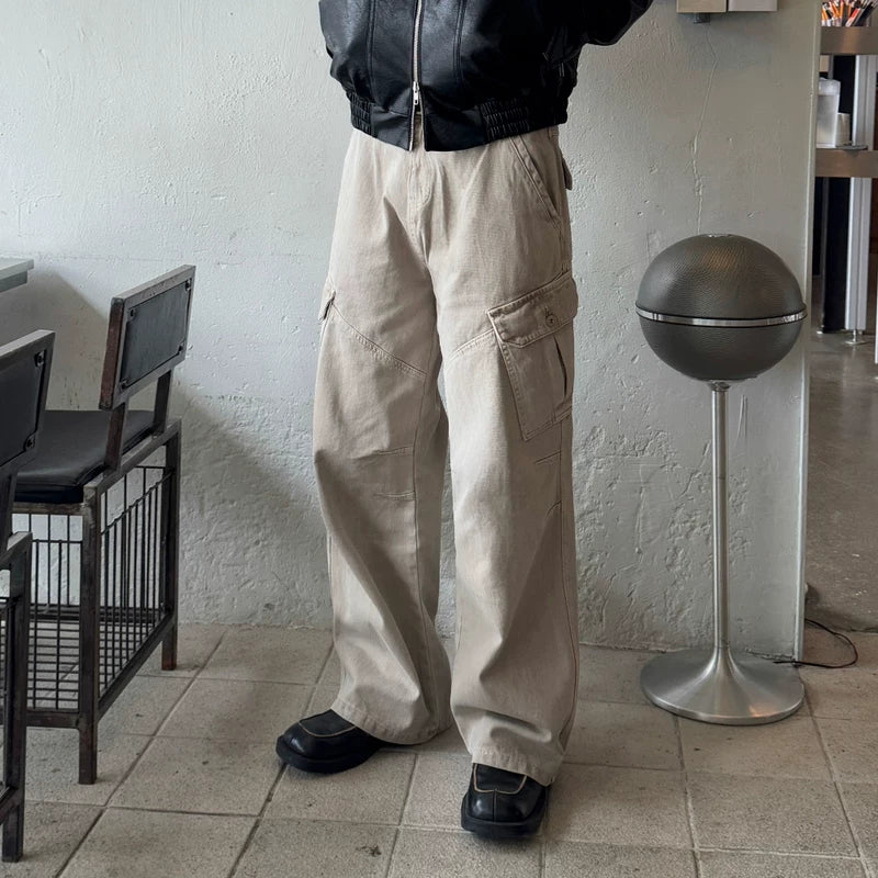 6185126954666,6185126954667,6185126954668,6185126954669,6185126954670, Retro Distressed Wide Leg Workwear Pants