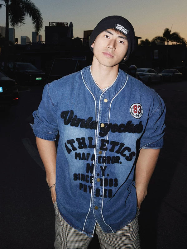 Retro Embroidered Baseball Collar Denim Jacket 4