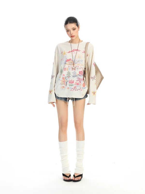 Retro Graffiti Print Long Sleeve Pullover 3