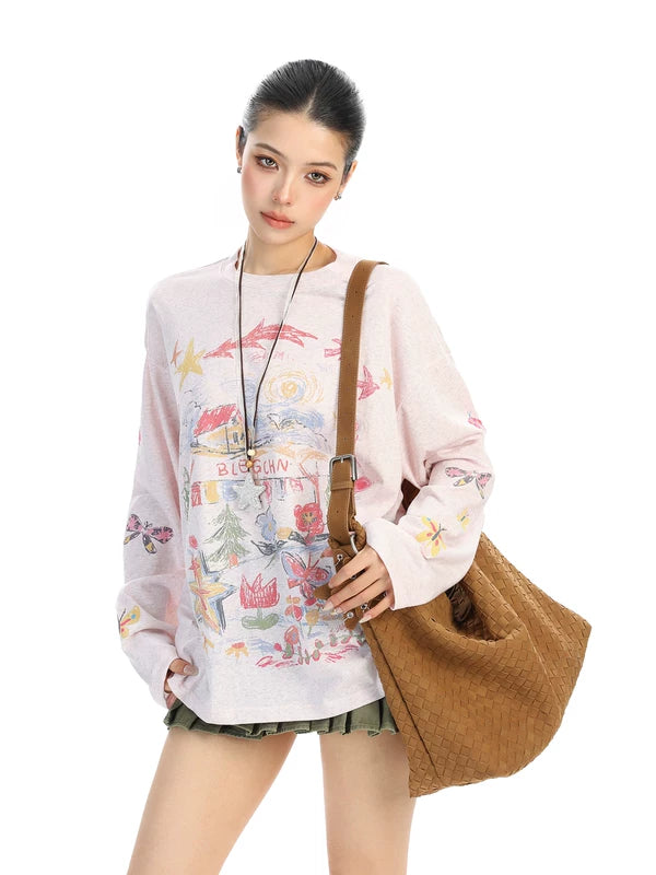 Retro Graffiti Print Long Sleeve Pullover 4