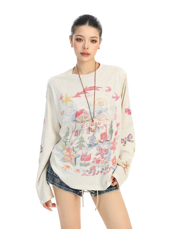 Retro Graffiti Print Long Sleeve Pullover 5