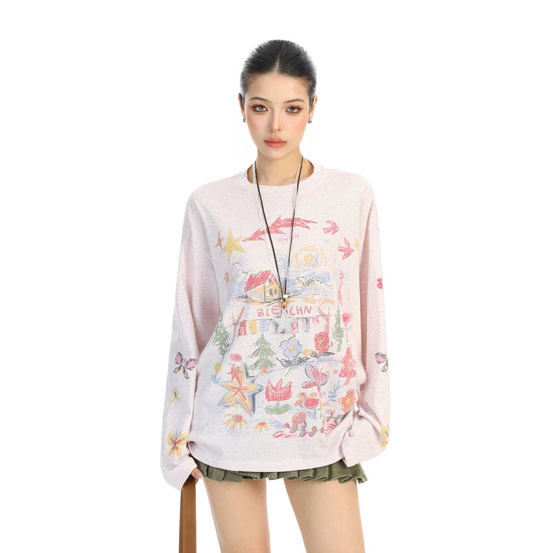 6032978877321,6032978877322,6032978877323,6032978877324, Retro Graffiti Print Long Sleeve Pullover