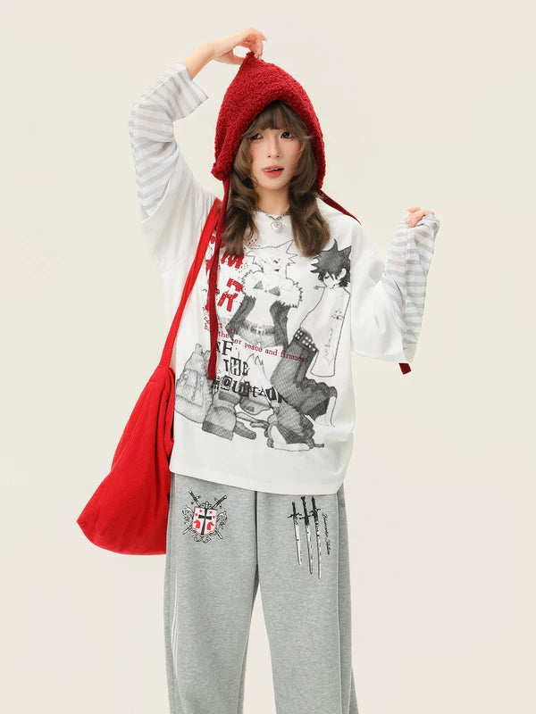 Retro Graphic Faux Two-Piece Long Sleeve Top 2