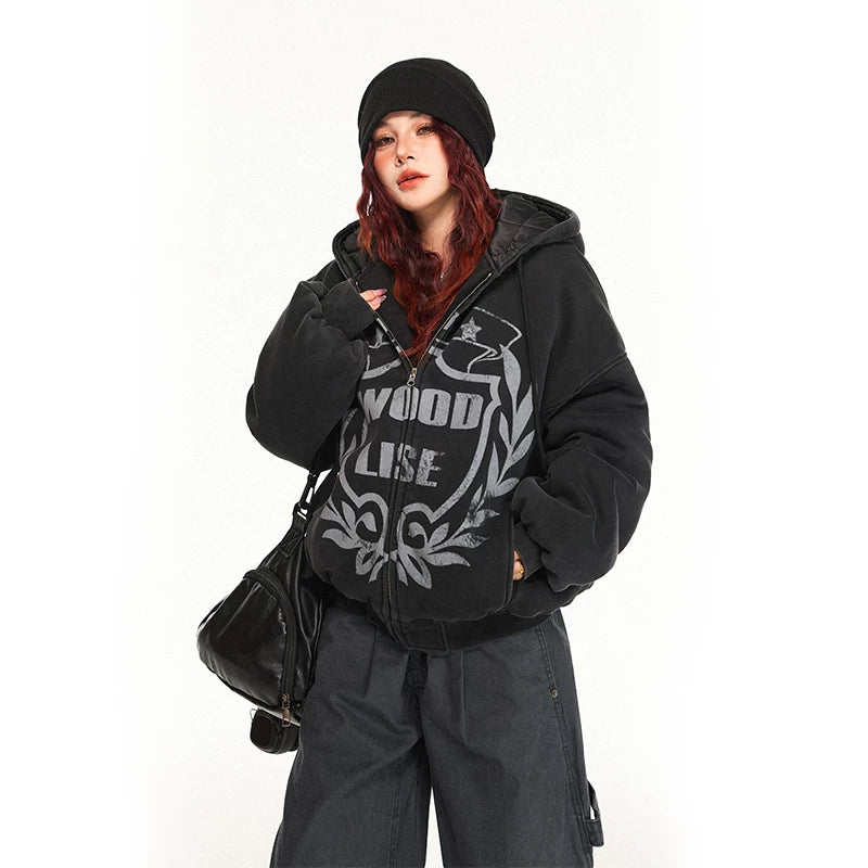 Retro Graphic Oversized Hooded Cotton Jacket 4