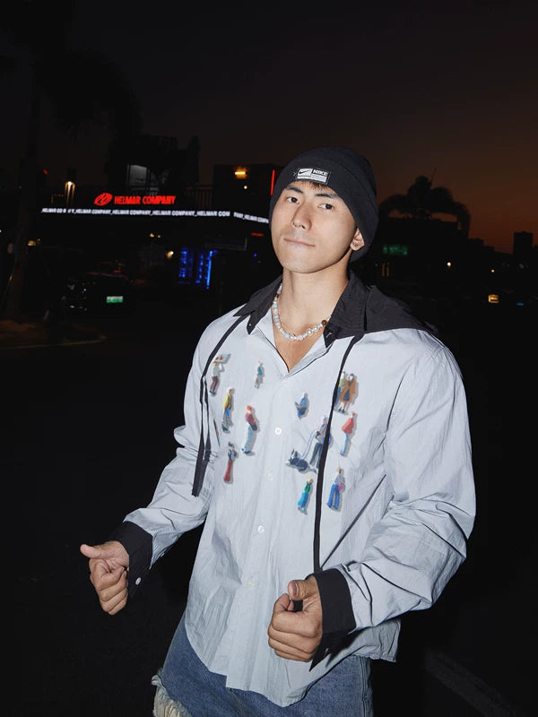 Retro Graphic Patchwork Hooded Long-Sleeve Shirt 3