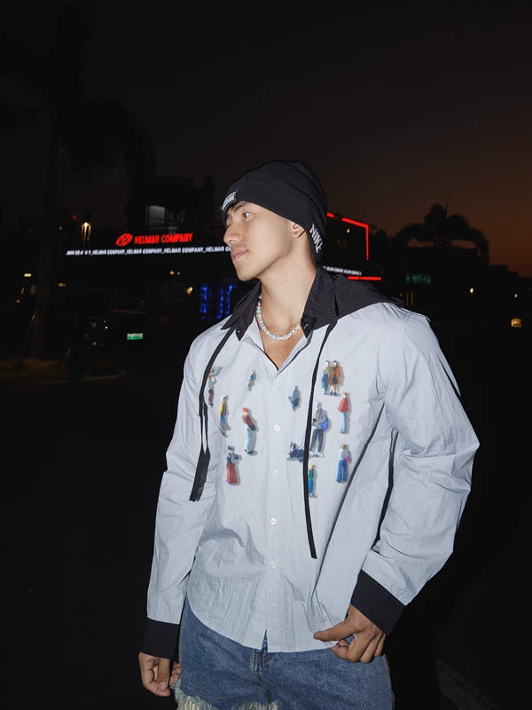 Retro Graphic Patchwork Hooded Long-Sleeve Shirt 5