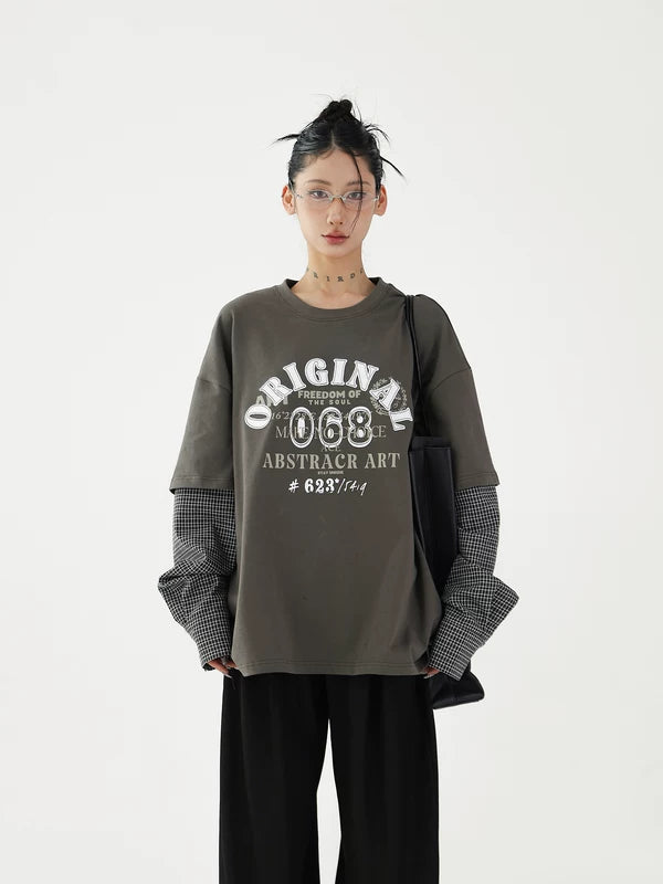 alt_id_8728564439, Retro Graphic Patchwork Layered Long-Sleeve T-Shirt