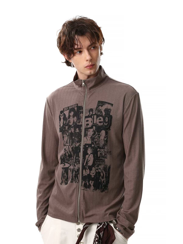 Retro Graphic Stand Collar Zip Pullover 2